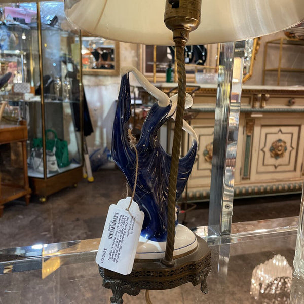 Art Deco Porcelian Blue Dancer Lamps PAIR w/ Brass Base by KATZHUTTE -- AS IS (missing fingers on one dancers, slightly stained shades) ANTIQUE- IN STORE PICK UP ONLY