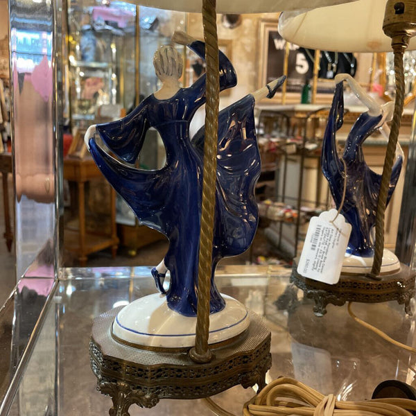 Art Deco Porcelian Blue Dancer Lamps PAIR w/ Brass Base by KATZHUTTE -- AS IS (missing fingers on one dancers, slightly stained shades) ANTIQUE- IN STORE PICK UP ONLY