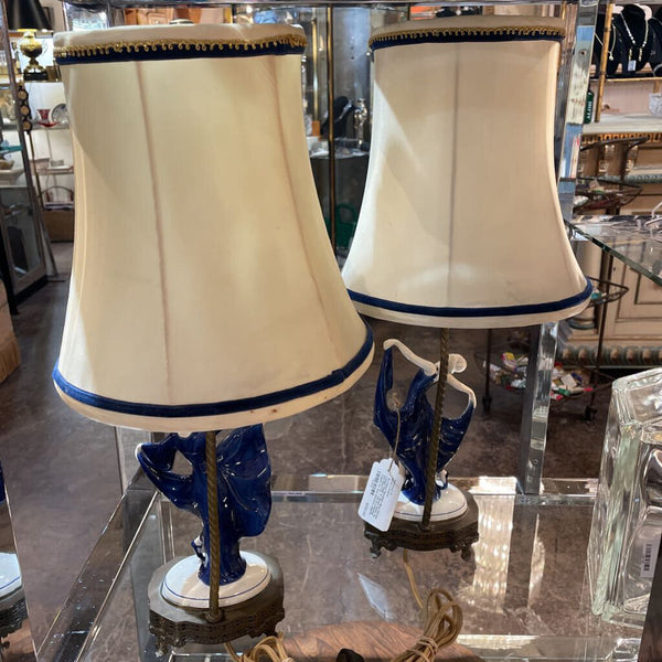Art Deco Porcelian Blue Dancer Lamps PAIR w/ Brass Base by KATZHUTTE -- AS IS (missing fingers on one dancers, slightly stained shades) ANTIQUE- IN STORE PICK UP ONLY