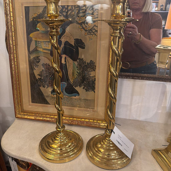 Large twist brass candle stick pair