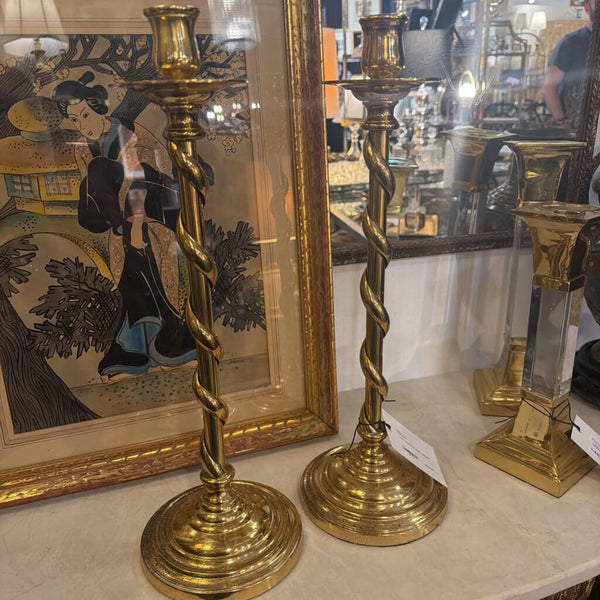 Large twist brass candle stick pair