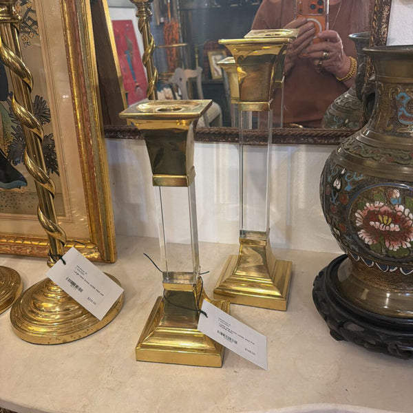 Lucite and brass candle stick Pair varying sizes