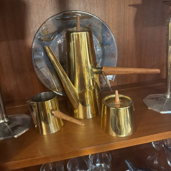 MCM Japanese brass and teak coffee/tea carafe and sugar creamer