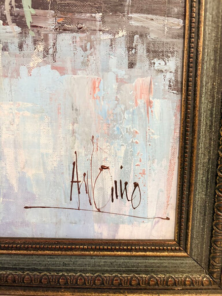 Impressionist oil on Masonite of Paris in the rain by known artist Antonio DeVity approx 23.5x20.5