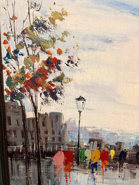 Impressionist oil on Masonite of Paris in the rain by known artist Antonio DeVity approx 23.5x20.5
