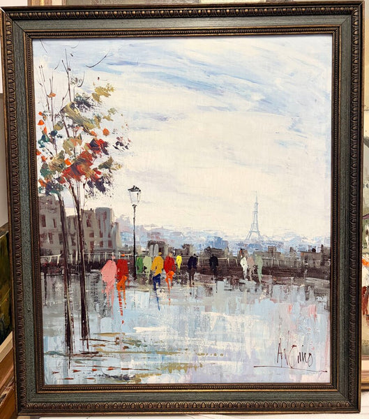 Impressionist oil on Masonite of Paris in the rain by known artist Antonio DeVity approx 23.5x20.5