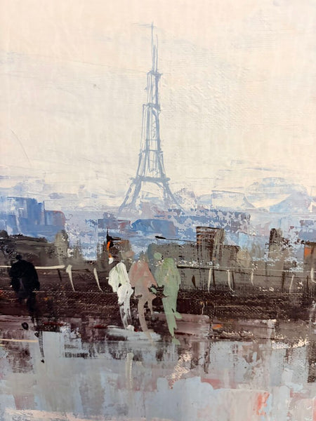 Impressionist oil on Masonite of Paris in the rain by known artist Antonio DeVity approx 23.5x20.5