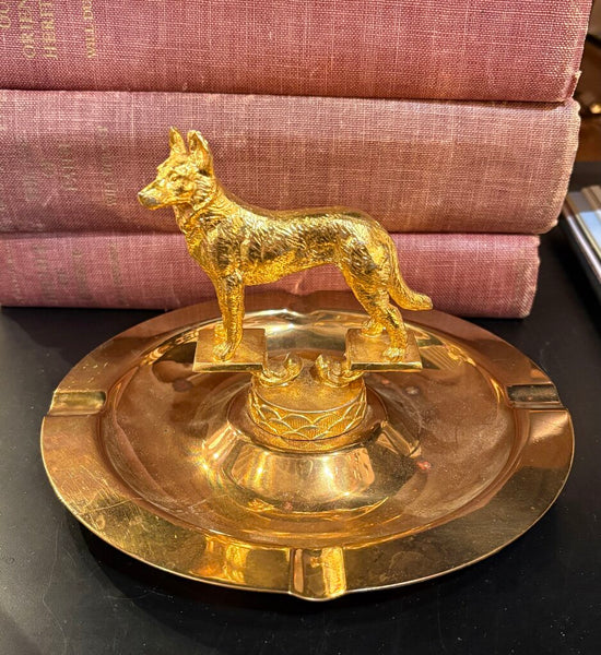 VINTAGE BRASS ASHTRAY WITH DOG ON A STAND | 5"H X 7.5"W