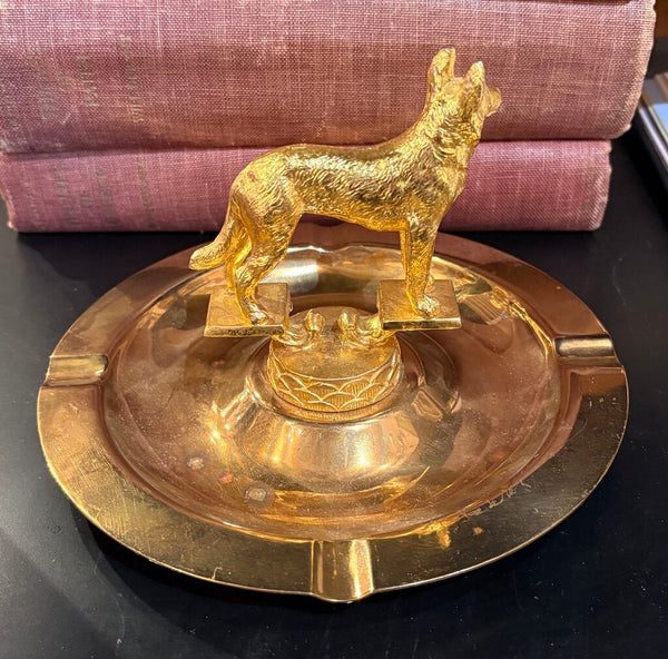 VINTAGE BRASS ASHTRAY WITH DOG ON A STAND | 5"H X 7.5"W
