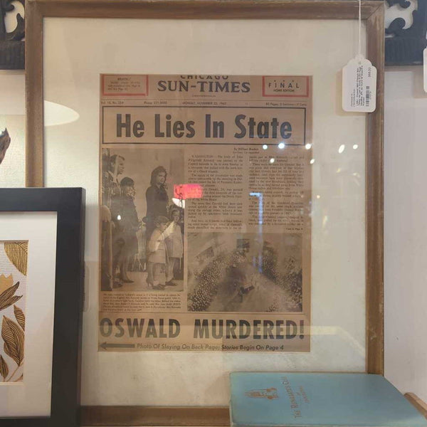 LSBJ - Framed 1963 Chicago Sun-Times, He Lies In State Front Page Headline JFK, as found 18"Wx21.5"H Framed