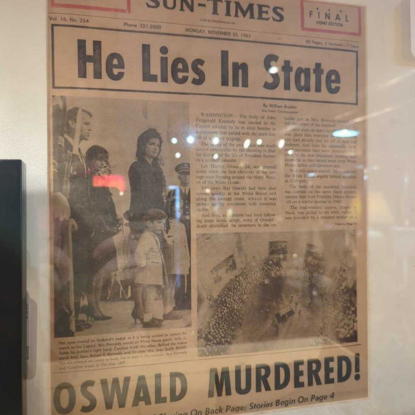 LSBJ - Framed 1963 Chicago Sun-Times, He Lies In State Front Page Headline JFK, as found 18"Wx21.5"H Framed