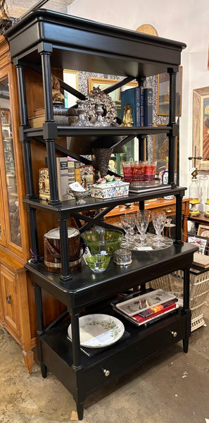 EBONY WOODEN ETAGERE WITH TWO DRAWERS AND AN X BACK | 74"H X 38"W X 19"D
