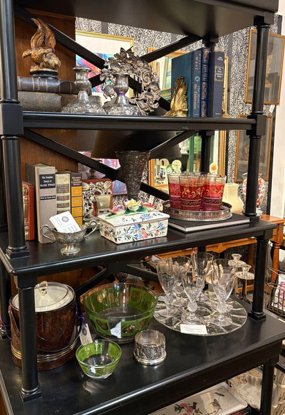 EBONY WOODEN ETAGERE WITH TWO DRAWERS AND AN X BACK | 74"H X 38"W X 19"D