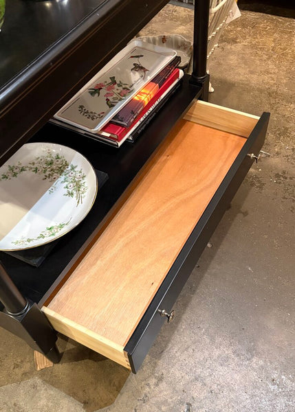 EBONY WOODEN ETAGERE WITH TWO DRAWERS AND AN X BACK | 74"H X 38"W X 19"D