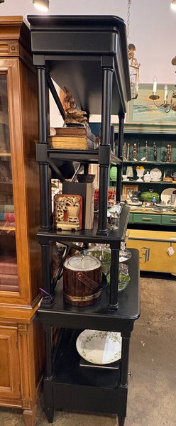 EBONY WOODEN ETAGERE WITH TWO DRAWERS AND AN X BACK | 74"H X 38"W X 19"D