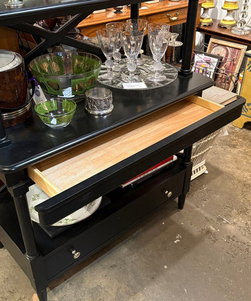 EBONY WOODEN ETAGERE WITH TWO DRAWERS AND AN X BACK | 74"H X 38"W X 19"D