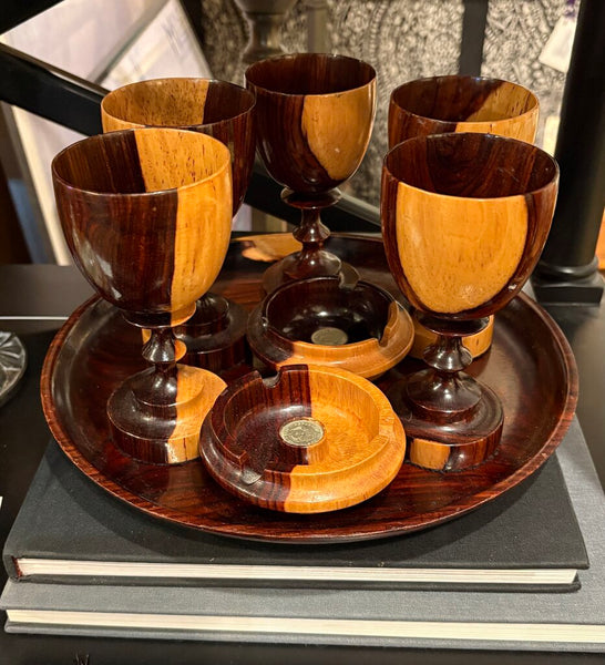 MID CENTURY WOODEN COCKTAIL SET - GOBLETS, ASHTRAYS AND TRAY