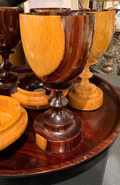 MID CENTURY WOODEN COCKTAIL SET - GOBLETS, ASHTRAYS AND TRAY