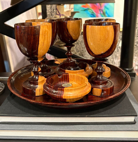 MID CENTURY WOODEN COCKTAIL SET - GOBLETS, ASHTRAYS AND TRAY