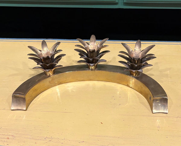 VINTAGE BRASS PINEAPPLE TRIO CANDELABRA | 11.75"W X 3.25"H