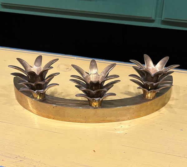 VINTAGE BRASS PINEAPPLE TRIO CANDELABRA | 11.75"W X 3.25"H