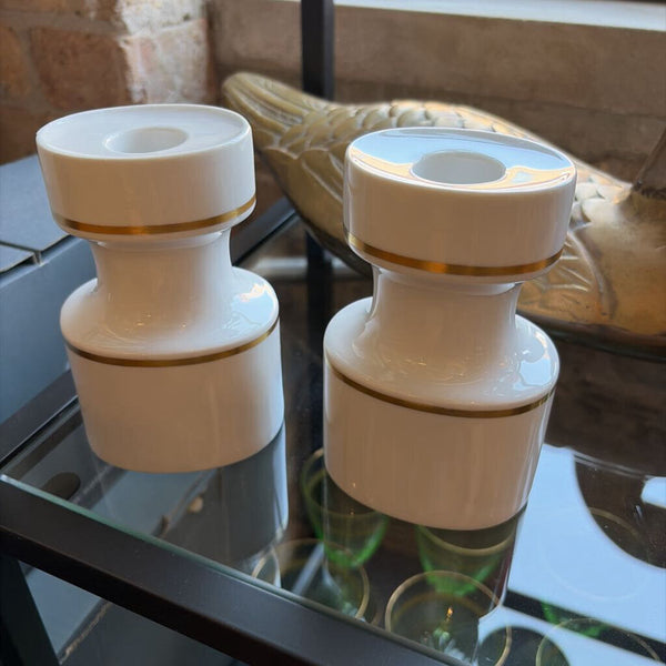 Rosenthal German modern design candleholder pair with 22kt gold trim-(2)