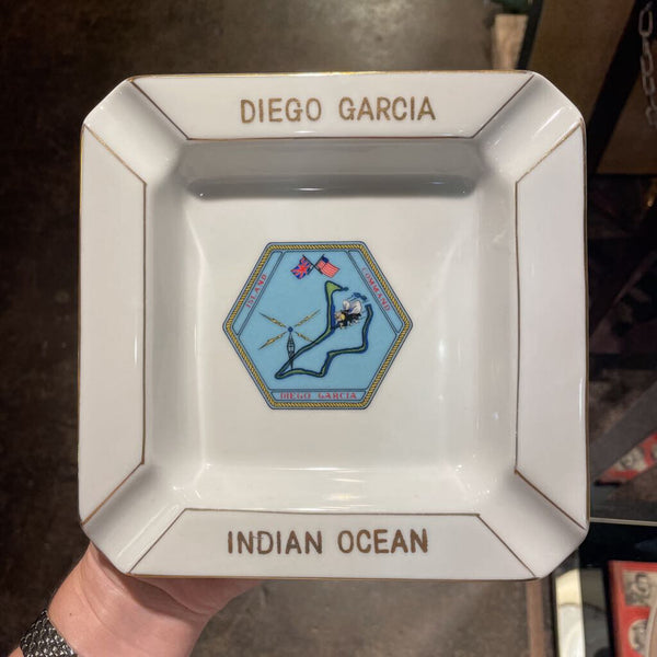 Vintage Square Ashtray w/ Graphic and Gold Accents "Indian Ocean Diego Garcia"