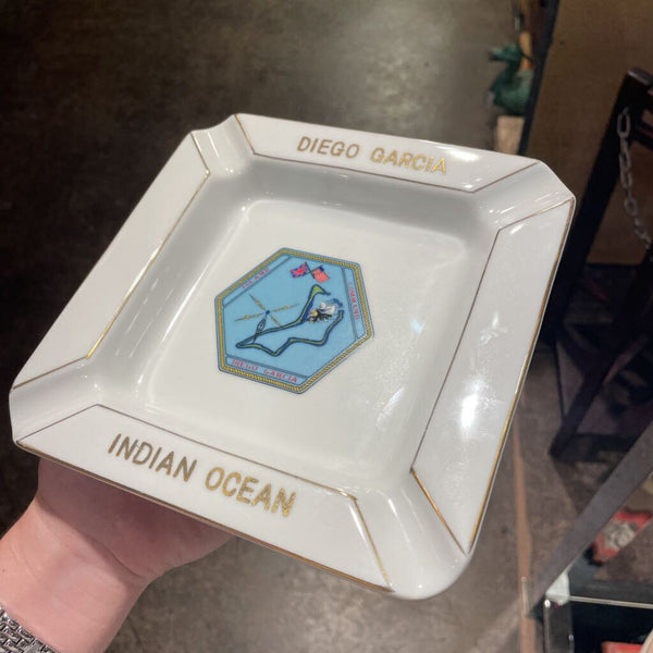 Vintage Square Ashtray w/ Graphic and Gold Accents "Indian Ocean Diego Garcia"