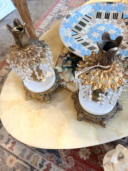 Hollywood Regency matching pair of brass and marble candleholders with cascading Strauss crystals approx 9.5t