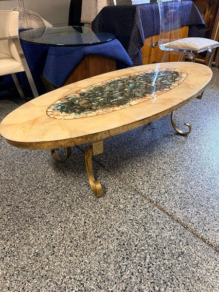 Mid Century Modern Onyx,Abalone,Mother of Pearl and brass coffeetable by Arturo Pani for Muller of Mexico-as found. Approx 58x26x16.5 For Pick Up Only Incredible true mid century piece