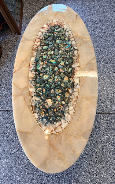 Mid Century Modern Onyx,Abalone,Mother of Pearl and brass coffeetable by Arturo Pani for Muller of Mexico-as found. Approx 58x26x16.5 For Pick Up Only Incredible true mid century piece