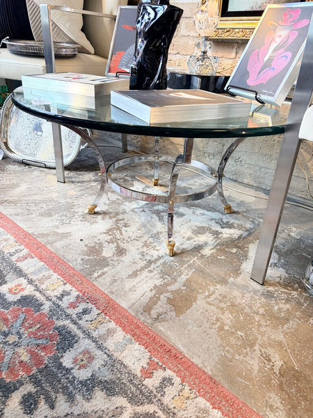 Incredible Italian Mid Century Modern chrome and brass hooved coffeetable with 3/4 inch thick glass top 36 round by18t-For Pick Up Only
