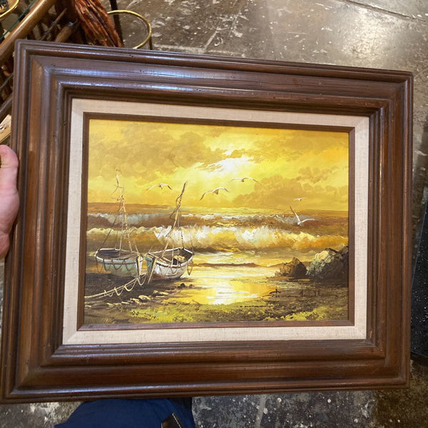 Vintage signed oil painting boats on shoreline 20" x 24"