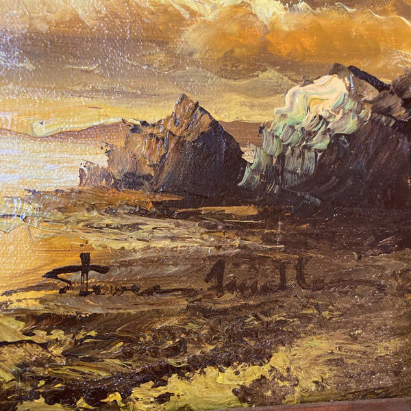 Vintage signed oil painting boats on shoreline 20" x 24"