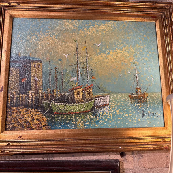 Vintage Oil painting Ships Harbor 16x20