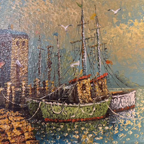 Vintage Oil painting Ships Harbor 16x20