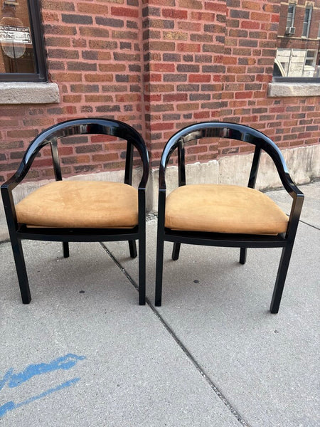 Pair of modern black lacquered armchairs -as found with imperfections to the finish- in store pick up only