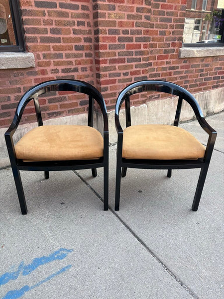 Pair of modern black lacquered armchairs -as found with imperfections to the finish- in store pick up only