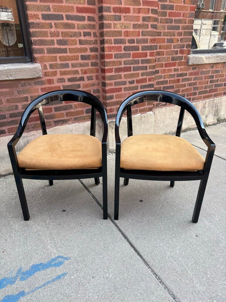 Pair of modern black lacquered armchairs -as found with imperfections to the finish- in store pick up only
