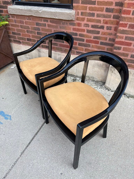Pair of modern black lacquered armchairs -as found with imperfections to the finish- in store pick up only