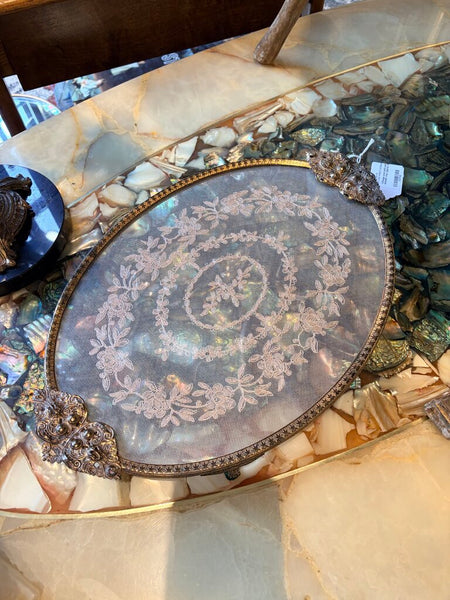 Vintage oval petit point lace dresser tray approx 16x10