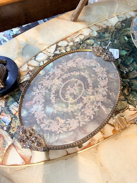 vintage dresser tray Gold Vanity Tray. Rich Floral Gilded Metal Motif. Chic Bedroom Bath Decor. Wall Hanging. Decorative Mirror. Gift for Her Chic Bedroom or Bath Decor Schonee Oval Vintage Decorative Mirror