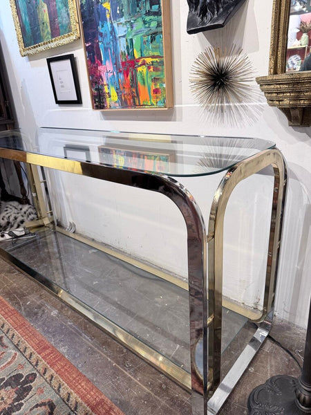 MCM brass and chrome console table 19x60x28