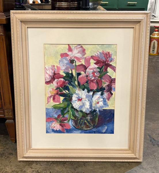 LOUISE NEATHERLY SIGNED FLORAL STILL LIFE PAINTING IN CARVED WOOD FRAME | 29.5" H X 25.5" W