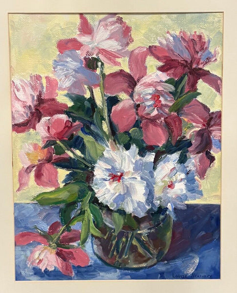 LOUISE NEATHERLY SIGNED FLORAL STILL LIFE PAINTING IN CARVED WOOD FRAME | 29.5" H X 25.5" W