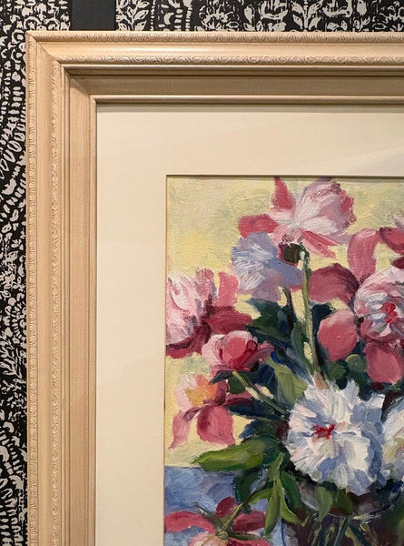 LOUISE NEATHERLY SIGNED FLORAL STILL LIFE PAINTING IN CARVED WOOD FRAME | 29.5" H X 25.5" W