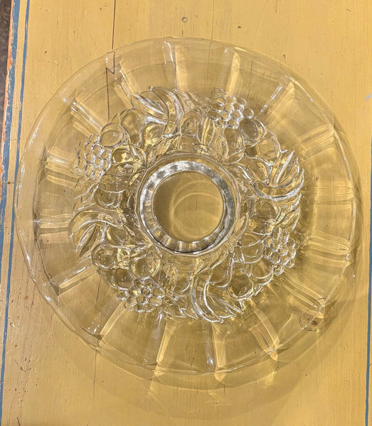 VINTAGE FLUTED GLASS CAKE PLATE WITH FRUIT & FLORALS | 13.75" DIAMETER