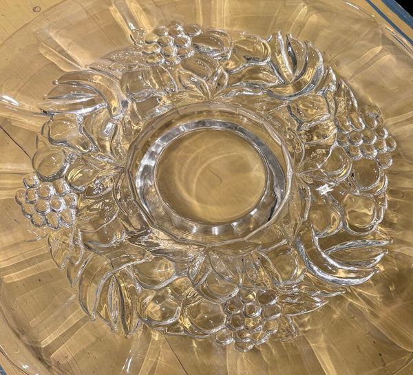 VINTAGE FLUTED GLASS CAKE PLATE WITH FRUIT & FLORALS | 13.75" DIAMETER