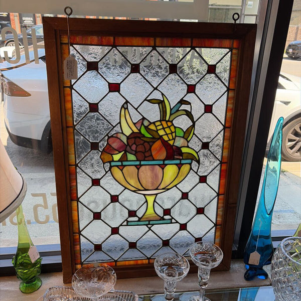 Gorgeous antique leaded glass window featuring a large fruit basket using slag glass approximately 34 1/2 x 24 1/2 for pick up only I Hooks placed for hanging