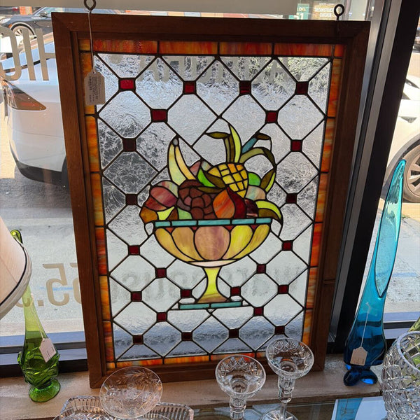 Gorgeous antique leaded glass window featuring a large fruit basket using slag glass approximately 34 1/2 x 24 1/2 for pick up only I Hooks placed for hanging
